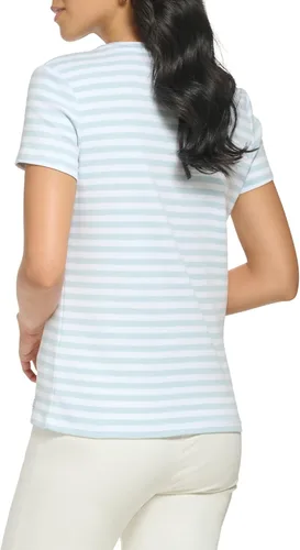 Vista 3 de Calvin Klein Cuello redondo a rayas de manga corta con detalle de broche cómodo para mujer