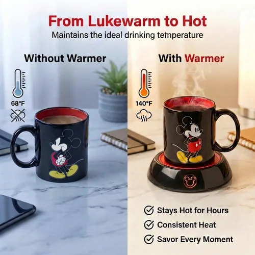 Vista 3 de Calentador de Tazas Mickey Mouse de Disney con Taza de 12 oz por Select Brands - Calentador de Tazas de Café con Taza de Cerámica Incluida - Plato