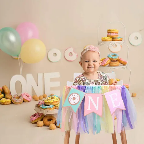 Vista 5 de Cartel de cumpleaños de 1 a 2 años de edad – Cartel para silla alta de cumpleaños con tema de dona, un grupo de tutú de cinta de arco iris suave