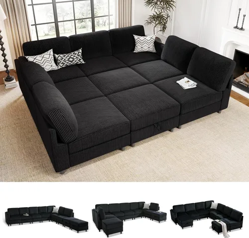 Vista 17 de KKL Sofá cama modular modular con otomana de almacenamiento, sofá cama convertible en forma de L/U para sala de estar, diseño reversible moderno