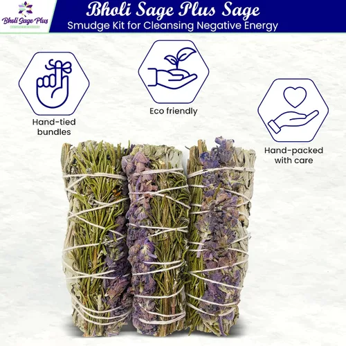Vista 2 de Kit de manchas de salvia para la limpieza de energía negativa, hogar y creación de la energía de la felicidad, palitos de salvia con romero