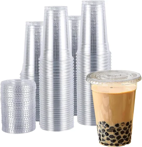 Vista 10 de TashiBox vasos de plástico con tapas [12 onzas 100 vasos y 100 tapas planas], vasos desechables de plástico transparente, vasos para batidos