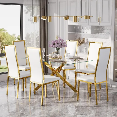 Vista 32 de Juego de mesa de comedor de cristal dorado moderno de 63 pulgadas para 6, juego de mesa de cocina rectangular de 7 piezas con patas de acero Negro