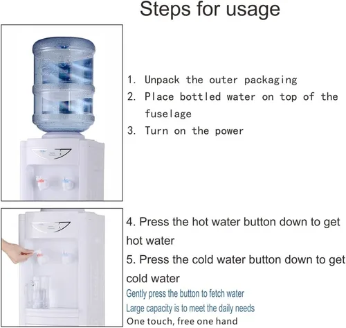 Vista 6 de Dispensador de agua para botella de 5 galones, dispensador de agua de carga superior fría y caliente, enfriador independiente con cierre