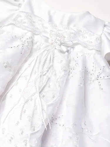 Vista 3 de Vestido de bautizo bordado de satén de manga corta para bebé niñas con capó, Blanco