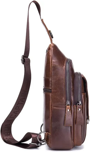 Vista 3 de Hebetag Mochila cruzada de cuero para hombres y mujeres, para viajes al aire libre, trabajo, bolsa para el pecho, camping, casual, mochila café, 7.1