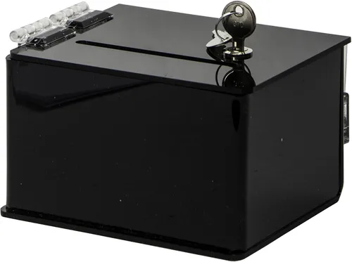Vista 2 de Clear-Ad - Boleta acrílica negra y caja de donación de 5 x 3 x 4 con candado y soporte para letreros - Contenedor de plástico para encimera