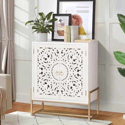 Vista 7 de PHI VILLA - Armario decorativo blanco con puerta, gabinete de buffet tallado hueco