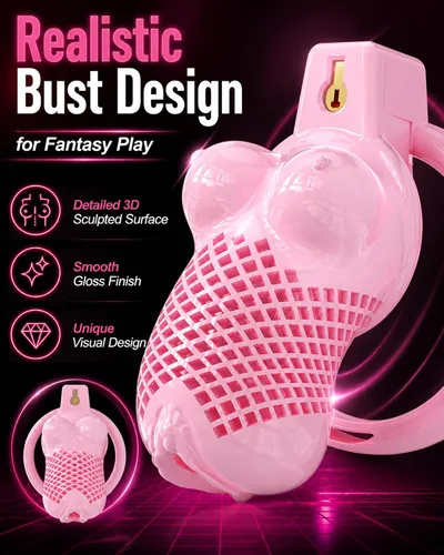 Vista 4 de Chastity Cage for Men, 3D Printed Female Bust Design Cage Penis (Pink, S) Premium Gift Box Packaging; Set Includes Cage, 3 Invisible Locks, 2