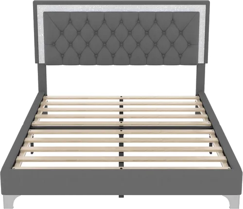 Vista 6 de Merax Cama de plataforma tapizada, tamaño Queen, tela de terciopelo LED, marco de cama de madera con luces LED y cabecera copetuda para dormitorio