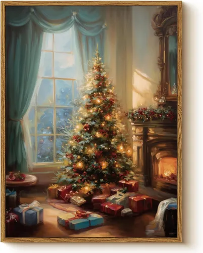 Vista 11 de Arte de pared con trineo, árbol navideño y cajas de regalo, 12 x 16 pulgadas, lienzo enmarcado de Navidad, cuadro rústico festivo, obra de arte