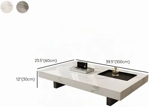 Vista 2 de LAKIQ Mesa central rectangular para sala de estar, mesa de centro moderna con parte superior de piedra con bandeja negra pequeña