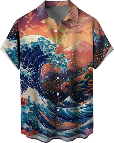Vista 47 de Camisas tropicales con botones para hombre, camisas hawaianas de manga corta, casuales para vacaciones, camisas de playa holgadas Beige-playa escena