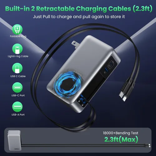 Vista 2 de Bloque de cargador USB C de 120W con 2 cables retráctiles integrados, cargador de pared con enchufe plegable GaN IV 4 en 1, estación de carga A-Plata