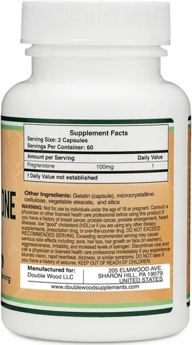 Vista 3 de Pregnenolona 100 mg por porción (convertida a progesterona para aumentar los niveles de progesterona) - Testado por terceros - 120 cápsulas