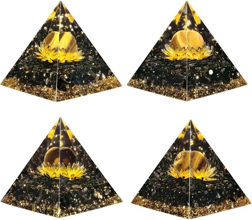 Vista 4 de Pirámide de orgón de esfera de ojo de tigre con loto dorado y obsidiana negra, generador natural de energía para meditación, curación de chakras