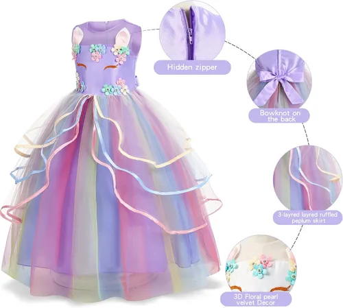 Vista 2 de Foierp Princess Unicorn Dress for Girls - Unicorn Costume with Headband Birthday Pageant Halloween Party Dresses Up 3-12Y