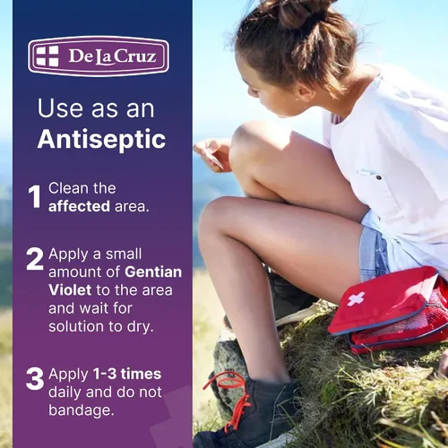 Vista 4 de De La Cruz Gentian Violet - Violeta de Genciana 1% Antiséptico para primeros auxilios para cortes, raspones y quemaduras, 1 onza líquida