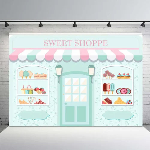 Vista 14 de MEHOFOND Telón de fondo Sweet Shoppe de 5 x 3 pies para niña, fondo de fotografía de cumpleaños, pancarta de fiesta para niños, baby shower, dona