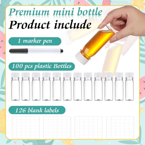 Vista 4 de FoldTier 100 botellas de plástico para chupitos de jugo con tapas, botellas pequeñas de chupitos de jengibre transparentes para líquidos, tarros
