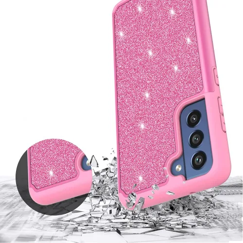 Vista 6 de Diseñada para Samsung Galaxy S21 FE Phone Glitter Case con vidrio templado, resistente de doble capa a prueba de golpes, funda protectora