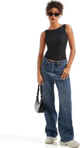 Vista 5 de SUUKSESS Camisetas sin mangas con respaldo abierto y cuello barco acolchado para mujer, con doble forro, camisas básicas Negro (Black Polka Dots)