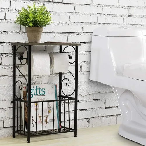 Vista 3 de MyGift Soporte para rollo de papel higiénico y estante organizador de revistas con estante de exhibición de madera maciza gris, almacenamiento