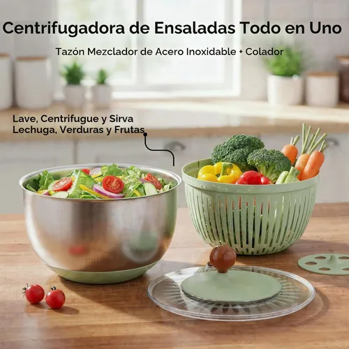 Vista 5 de Ensaladera grande de acero inoxidable giratorio de 5.3 cuartos de galón, secadora de lechuga, lavadora de verduras con botón de freno, base