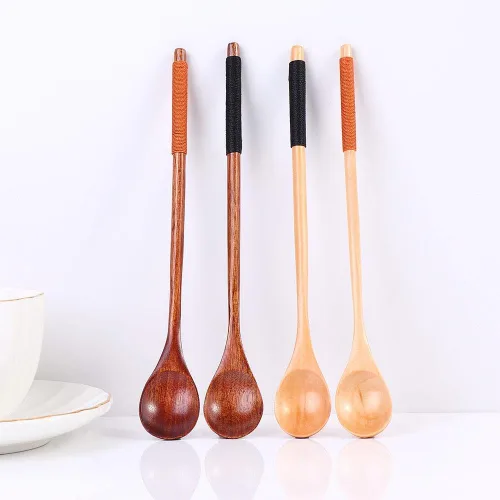 Vista 7 de Cucharas de madera 4PCS Cucharas de madera estilo chino Durable Cuchara de mango largo Cuchara de madera de arroz Sopa de postre Cuchara de postre