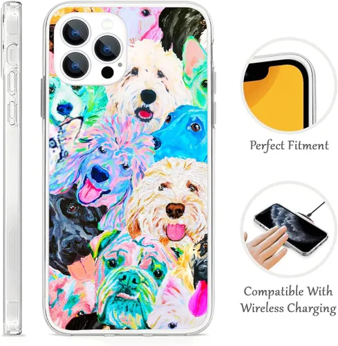 Vista 2 de Diseño para iPhone 14 Pro Max, diseño de acuarela de perros, collage de Pug para iPhone, protección a prueba de golpes, funda transparente de TPU