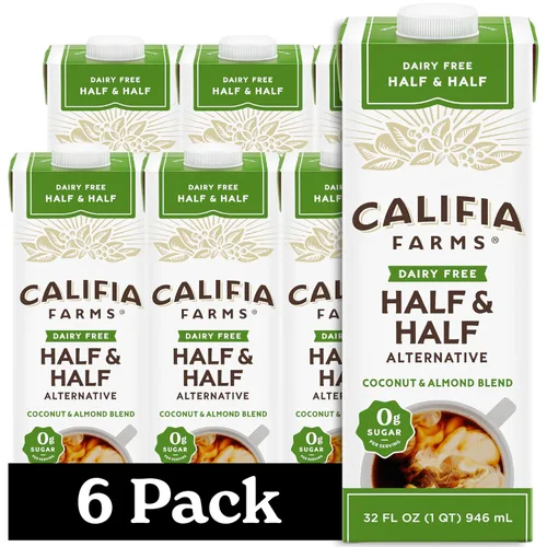 Vista 4 de Califia Farms - Better Half Sin Endulzar, Sustituto de Mitad y Mitad, 16.9 oz (Paquete de 6), Leche de Almendra, Crema de Coco, Crema para Café