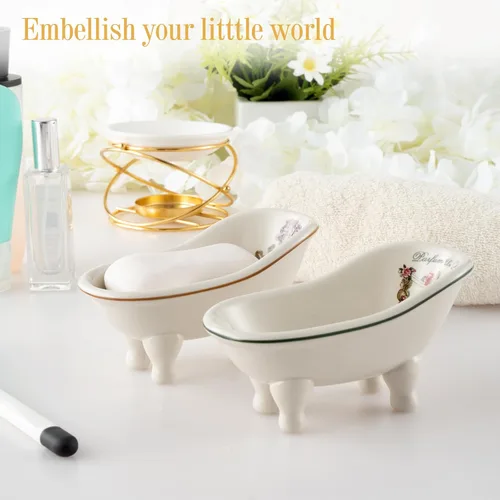Vista 2 de Jabonera de baño de cerámica retro para ducha, 2 piezas, mini bañera de porcelana de 5.6 pulgadas, soporte de jabón autodrenante para decoración