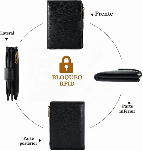 Vista 5 de Carteras de cuero para mujer con bloqueo RFID, billetera delgada, plegable, tarjetero con cremallera, bolsillo para monedas, ventana para A-Negro