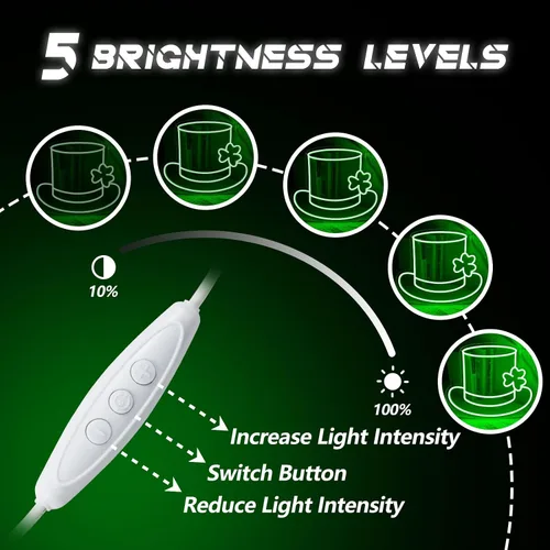 Vista 3 de Letrero LED de trébol de neón con diseño de trébol de San Patricio, color verde claro, sombrero de la suerte, trébol, para decoración de pared