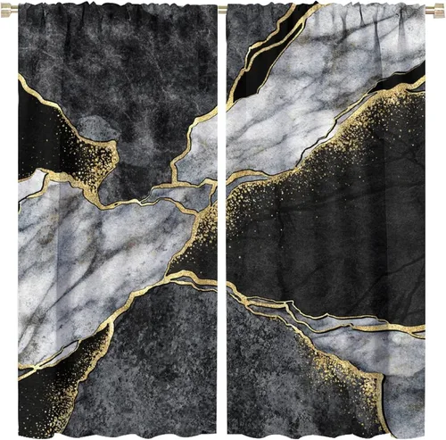 Vista 12 de Cortinas abstractas de mármol de lujo de lujo azul marino dorado a rayas con patrón de mármol estampado para dormitorio, sala de estar, cortinas