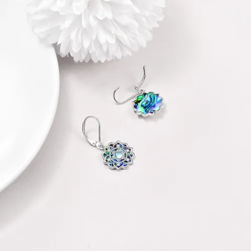 Vista 4 de Aretes de plata de ley con piedra lunar de loto con concha de abulón, flor de loto, aretes colgantes para yoga, joyería para el día de la madre