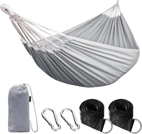 Vista 11 de Anyoo - Hamaca de algodón para jardín, con correas para colgar, hasta 660 libras, hamaca portátil con bolsa de viaje, perfecta para acampar al aire