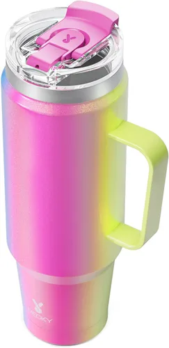 Vista 24 de Meoky Vaso de viaje de acero inoxidable de 40 onzas con asa, taza de viaje de acero inoxidable con tapa para sorber 2 en 1, taza de café aislada al