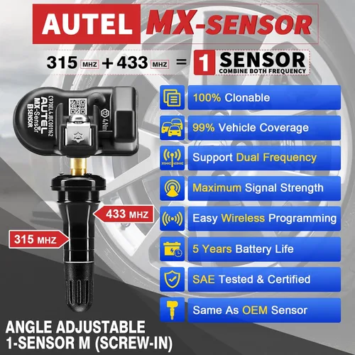 Vista 2 de Sensor TPMS Universal Autel 1 Sensor con Doble Frecuencia (315MHz + 433MHz), Sensor de Monitoreo de Presión de Neumáticos de Reemplazo para 99%