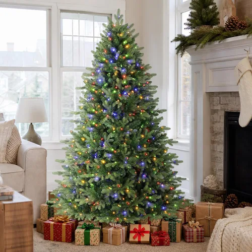 Vista 6 de Alupssuc - Árbol de Navidad artificial preiluminado de abeto con bisagras 250 luces blancas cálidas y multicolor, control remoto, 1393 puntas