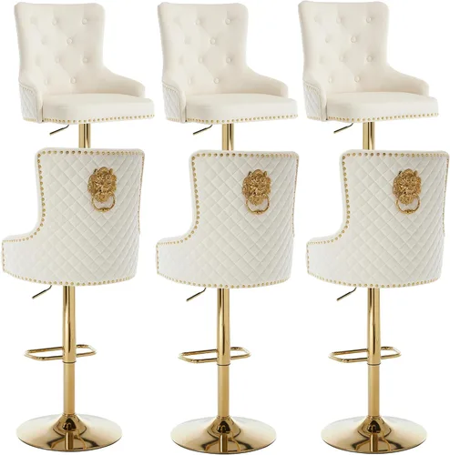 Vista 30 de Juego de 2 taburetes de bar de terciopelo beige con respaldo tuftado alto, anillo de tracción de león, reposapiés de base cromada para isla