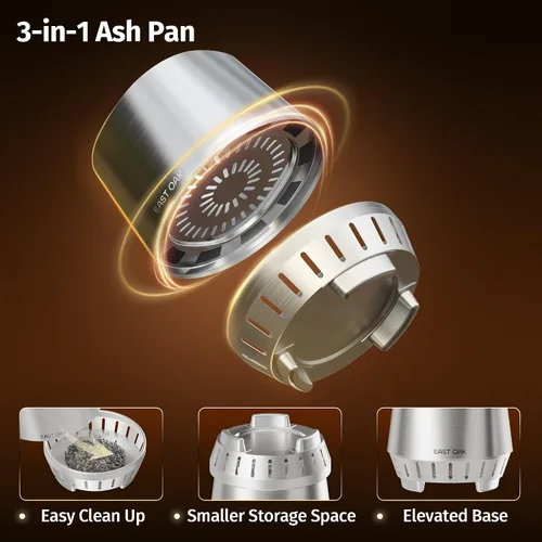Vista 3 de East Oak Fuoco - Fogón de Mesa Sin Humo Bandeja de Cenizas 3 en 1 Fogón Portátil para Madera y Pellets Acero Inoxidable Quema 120% Más
