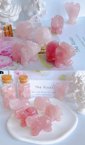 Vista 5 de Decoración de elefante de cuarzo rosa, cristales rosados, piedras curativas, figura de bolsillo, estatua de cristal natural, escultura tallada a