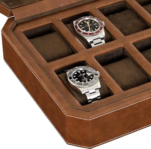 Vista 6 de ROTHWELL Caja de reloj de cuero con 12 ranuras, organizador de lujo para relojes, forro de microgamuza, soporte para relojes de joyería para hombre