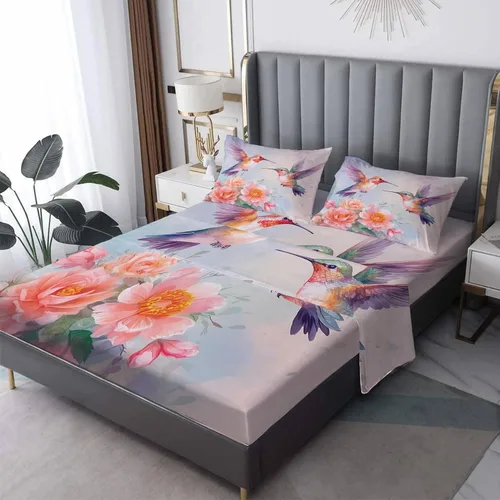Vista 7 de Juego de sábanas de colibrí tamaño individual, sábanas vintage de arco iris, sábanas y fundas de almohada estampadas de 3 piezas, sábana bajera