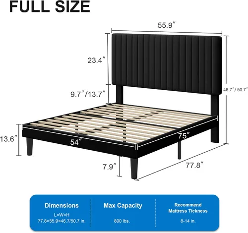 Vista 2 de GOLDORO Base de cama tapizada de terciopelo de tamaño matrimonial con cabecera capitoné de canal vertical, soporte de listones de madera,