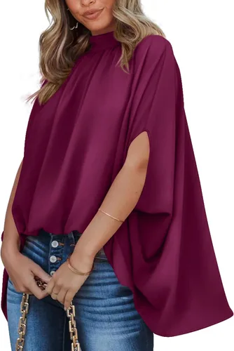 Vista 94 de BTFBM Blusas de verano para mujer, cuello alto falso, manga murciélago, holgadas, dobladillo alto y bajo, blusas informales de gran