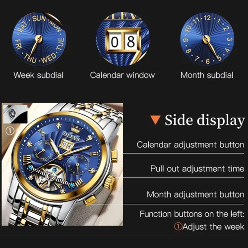 Vista 6 de OLEVS Watches Mens Automatic Self Winding Mechanical Gold Skeleton Fashion Luxury Dress Moon Phase Stainless Steel Tourbillon Mens Wrist Watch Day