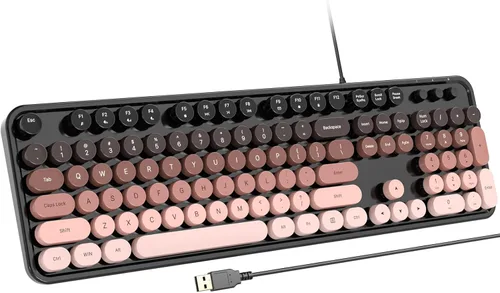 Vista 19 de Atelus Teclado USB con cable con retroiluminación de 7 colores, teclado de tamaño completo con teclas retro, teclado numérico y tecla de acceso