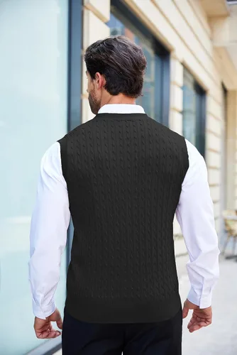 Vista 7 de COOFANDY Chaleco sin mangas para hombre con cuello en V, casual, tejido de cable con botones, cárdigan